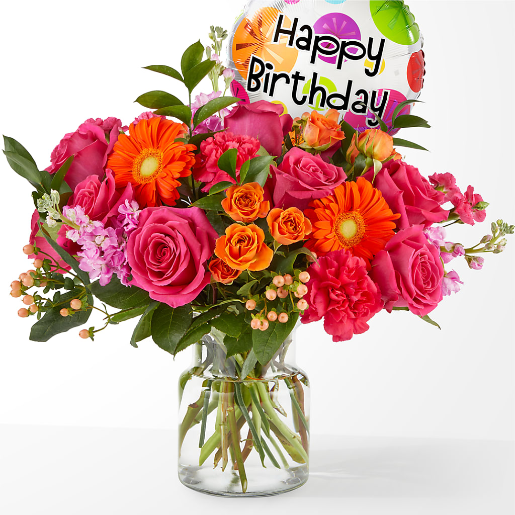 Fiesta Bouquet with Birthday Balloon – Farmington Center Florist Inc, Farmington MI