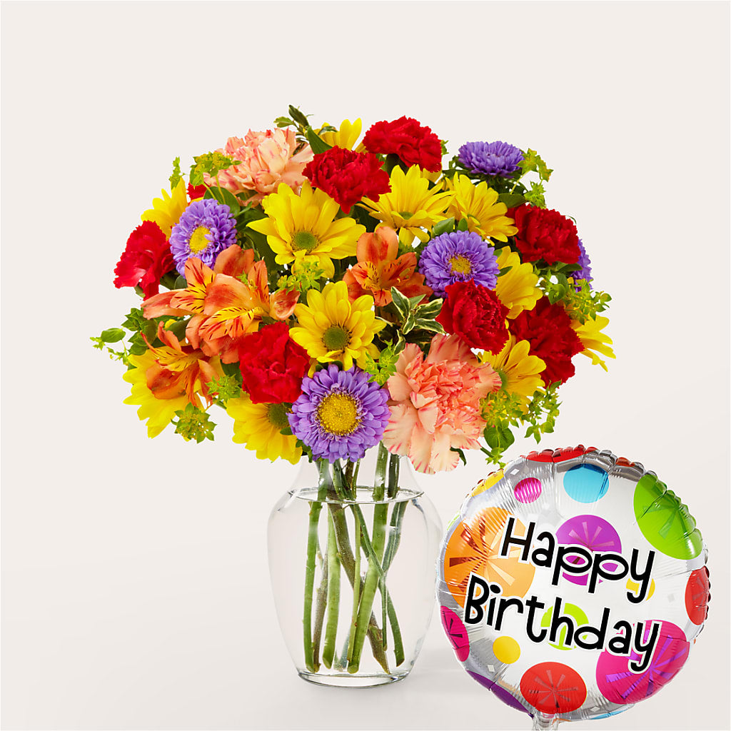 Kaleidoscope Bouquet with Birthday Balloon – Farmington Center Florist Inc, Farmington MI