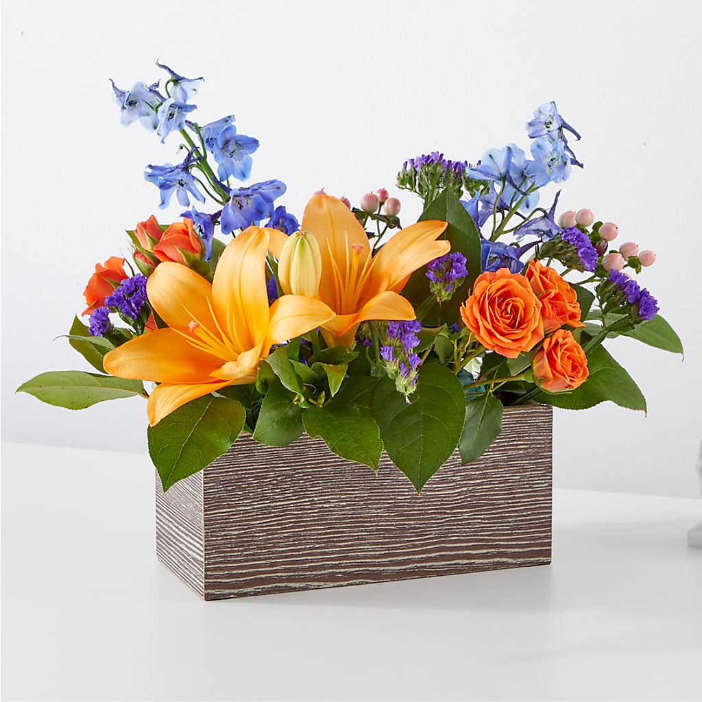 Radiant Citrus Box Bouquet – Farmington Center Florist Inc, Farmington MI