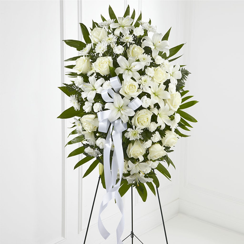 Exquisite Tribute Standing Spray-White Ribbon – Farmington Center Florist Inc, Farmington MI